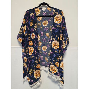 Women's Umgee Navy Floral Kimono with Yellow &‎ Purple Flowers S/M
